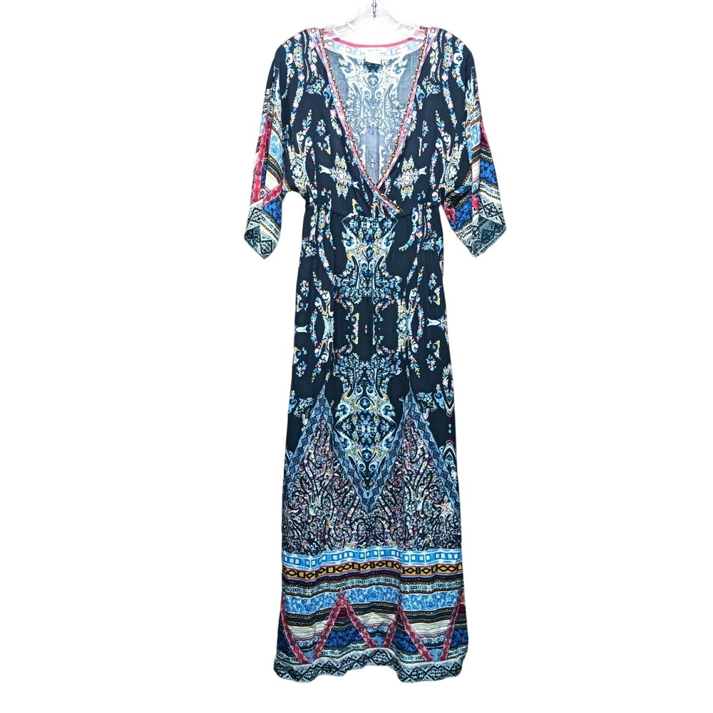 Flying Tomato Womens S Boho Paisley Print Maxi Dress Navy Blue V-Neck 1/2 Sleeve